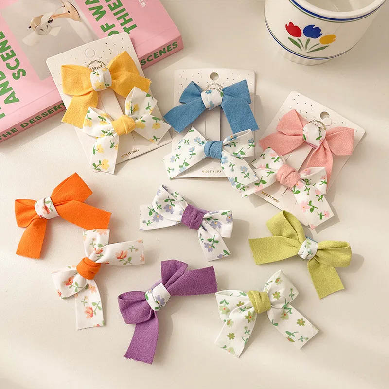 2Pcs/Set Floral Hair Clip Set Girl Cute Bow Flower Lace Trimming Headwear Cartoon Hair Clips Hairpin Headdress Hair Accessories