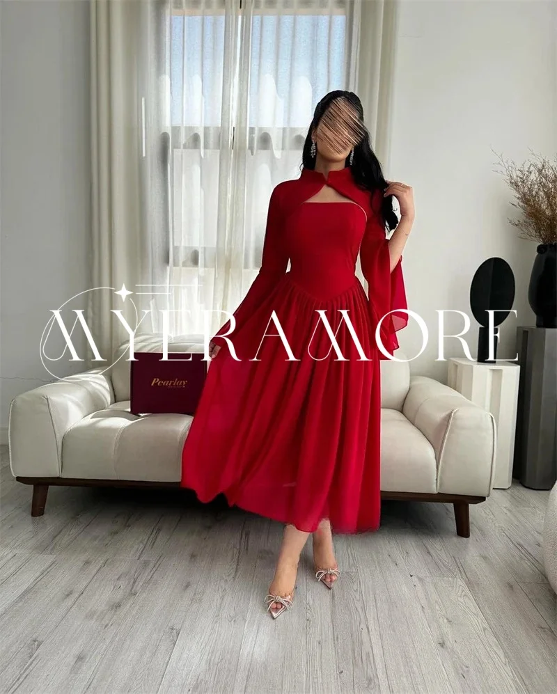 فساتين سهرة شيفون بسيطة للنساء على شكل حرف A وأكمام طويلة ورقبة عالية وطول الشاي فساتين لحضور الحفلات الموسيقية مخصصة