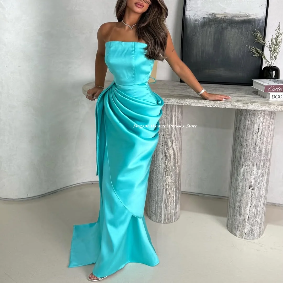 Evening Dresses Strapless Satin Mermaid Draped Turquoise Saudi Arabia Formal Prom Party Gowns for Women 2026 Customized