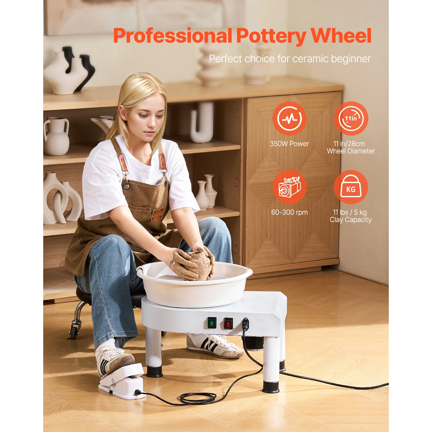 Pottery Wheel Ceramic Wheel Forming Machine 60-300 RPM Speed Adjustable Foot Pedal Adjustable Lift Leg Detachable Basin