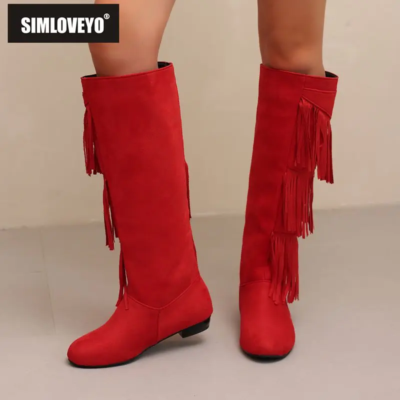 

SIMLOVEYO 2025 Милые женские сапоги до колена с круглым носком на толстом каблуке 2 см без шнуровки с кисточками Большой размер 43 44 45 Мягкие повседневные женские бота