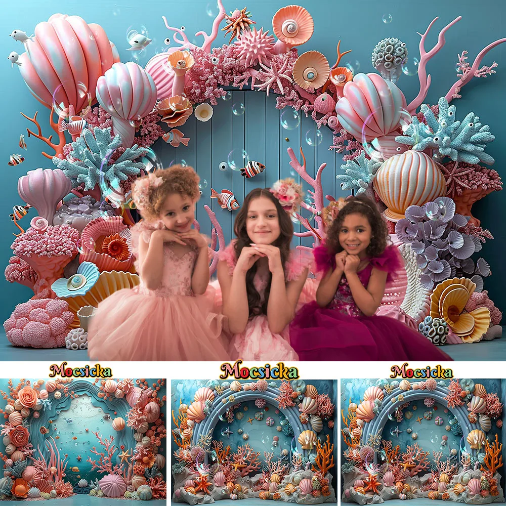 

Sweet Girl Birthday Party Background Mermaid Baby 1st Cake Smash Backdrop Decor Colorful Shell Arch Bubble Blue Photozone Studio