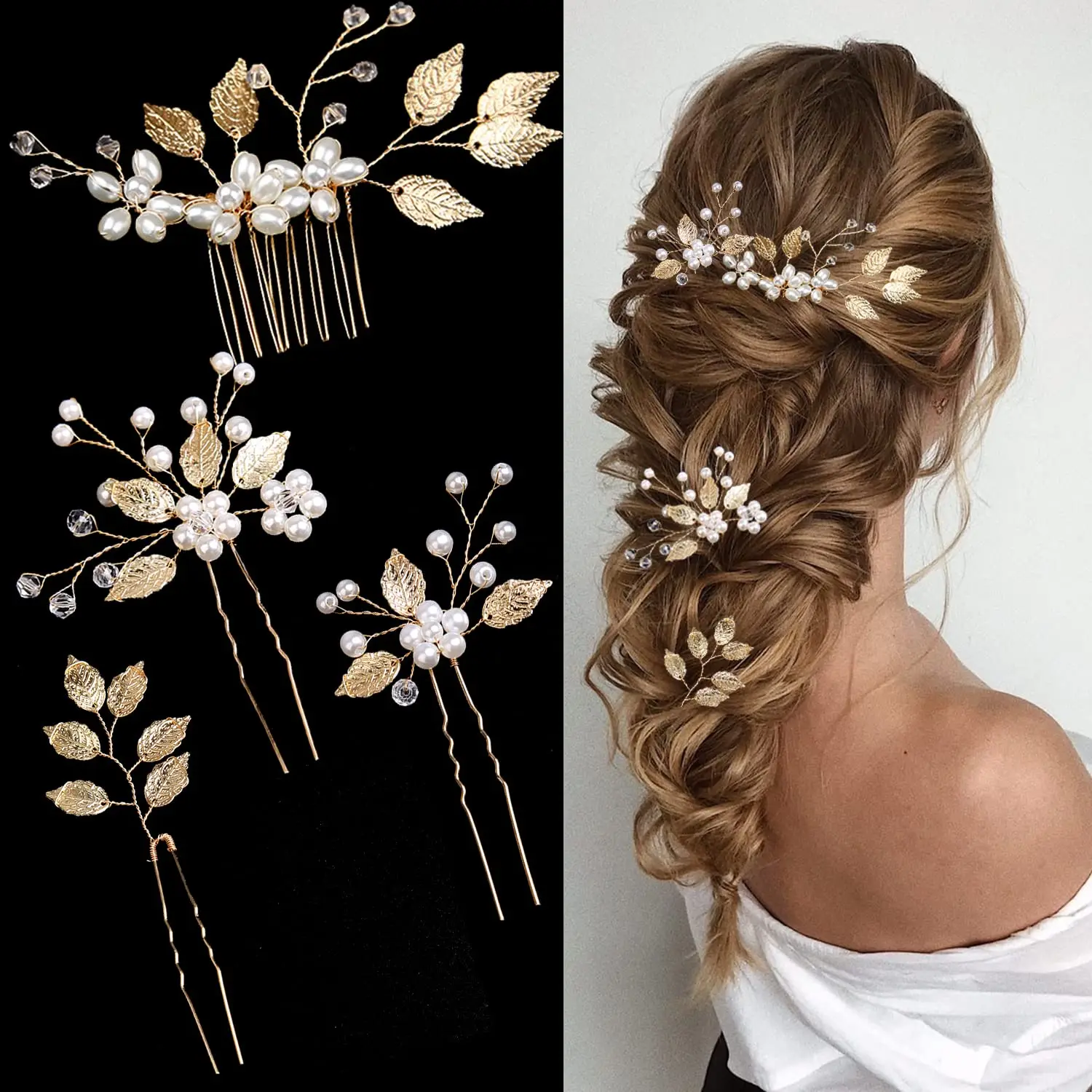 

4Pcs Gold Leaf Crystal Pearl Hair Pins Set, Wedding Bridal Hair Comb & Clips, Vintage Flower Headpiece for Women Girls