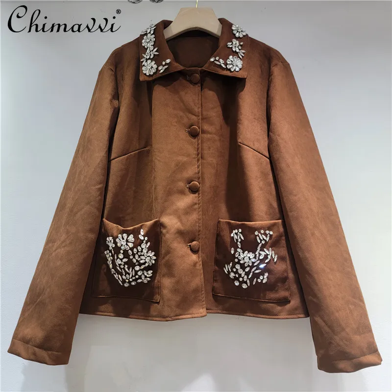 

Fashion Retro Heavy Industry Diamond Collar Long Sleeve Single Breasted Loose Versatile Brown Short Jacket Top Women 2025 Autumn
