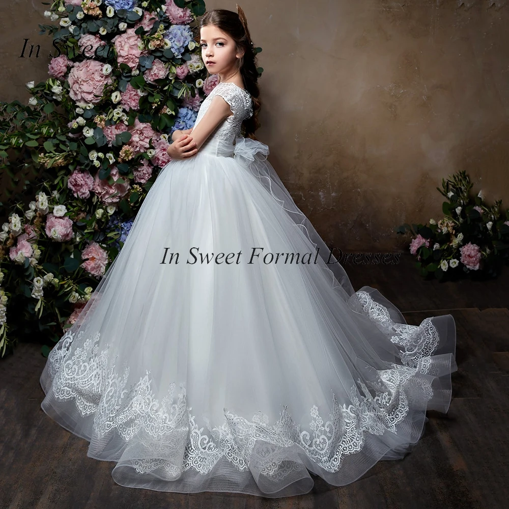 Ball Elegant Princess Lace Flower Girl Dresses Jewel Puffy Tulle First Communion Gown Baby Kids Wedding Guest Dress