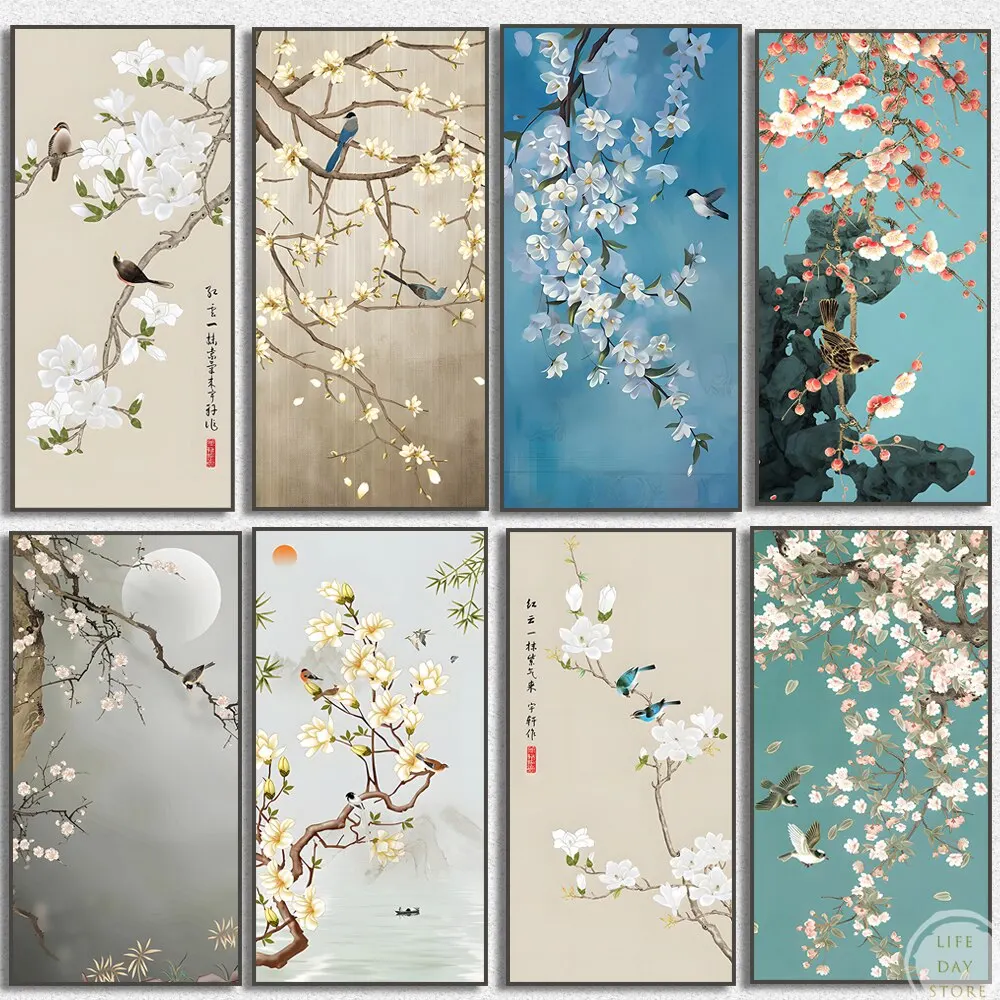 Impression sur toile de style traditionnel chinois avec paysage de fleurs de prunier, d'oiseaux et de ginkgo pour la décoration murale du salon