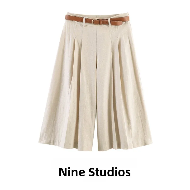

Fashionable Casual Pleated Long Short Pants Five-Point Belted Waist Wide Leg Pants Natural Waist Polyester Ladies Trousers