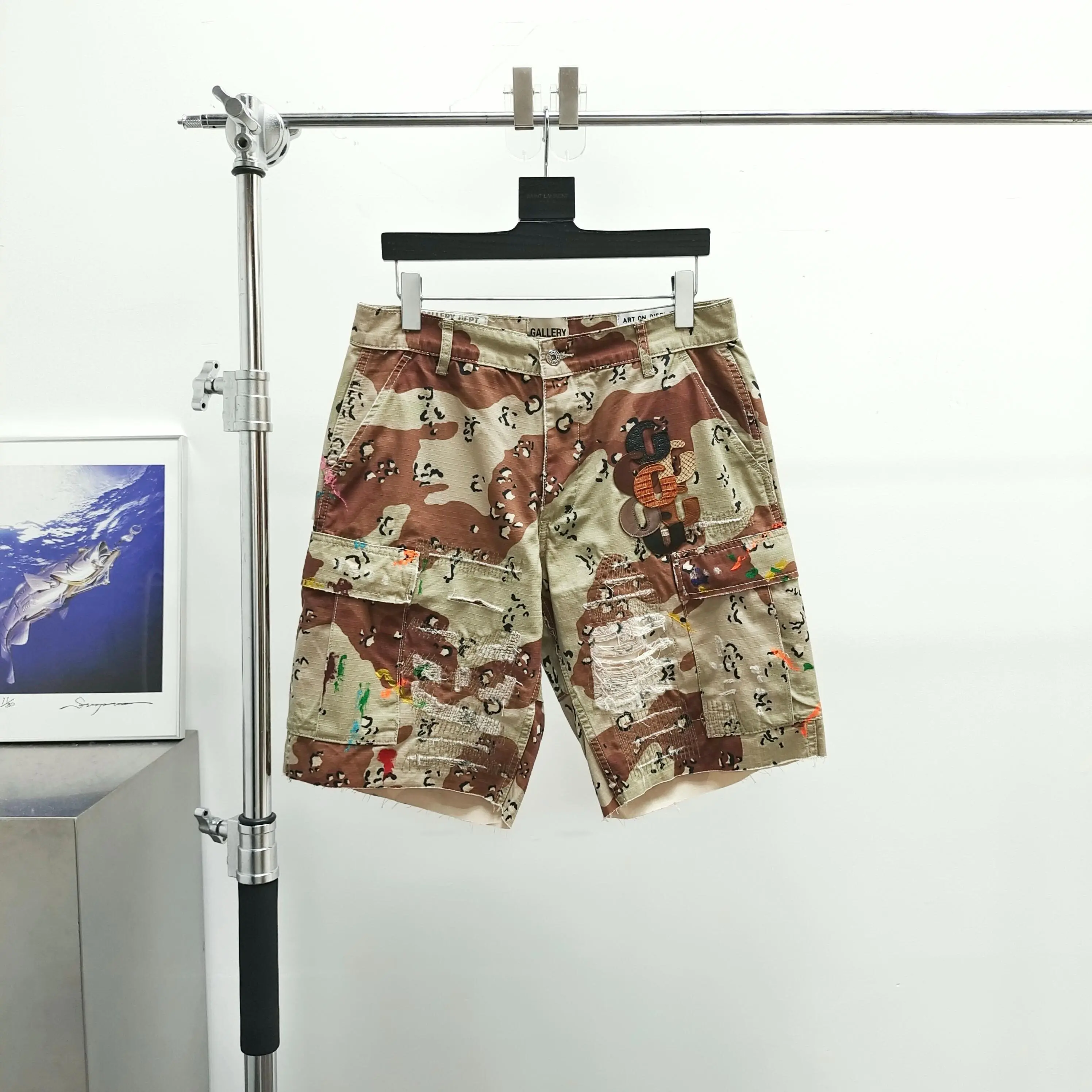 Gallery Dept Leather Label Khaki Camouflage Shorts