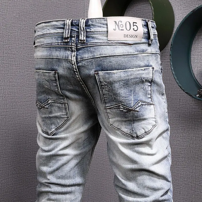 Fashion Designer Men Jeans High Quality Retro Gray Blue Elastic Stretch Slim Fit Patched Vintage Trousers Denim Pants Hombre