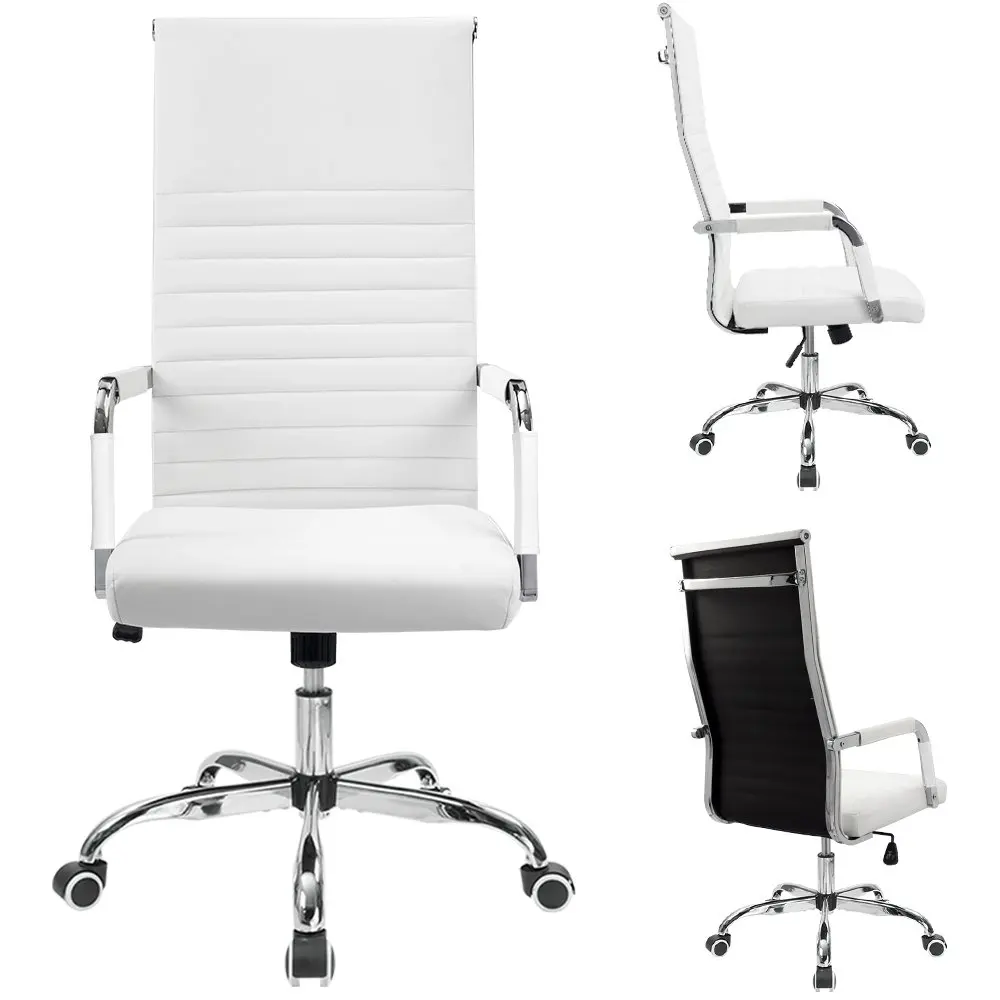 Ribbed Office Chair High Ba Pu Leather Executive Conference Chair Adjustable Swivel Chair With A (White)