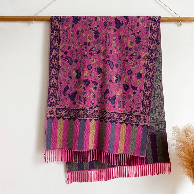 65 * 200 cm ethnische Hijabs, weiche Schals, bedruckt, floral, dick, warm, Winter, kerngesponnenes Garn, Fransen, Kaschmir, warmer Schal