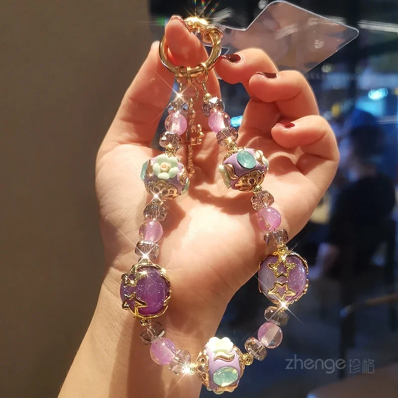 

Luxury Handmade Bead Glass Amethyst Mobile Phone Lanyards Hanging Chain Wrist Chain Phone Case Anti Loss Hanging Rope Lanyard