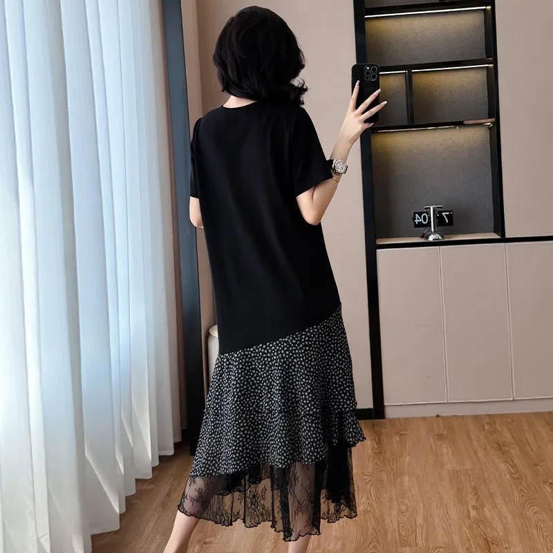 Zomer Casual Jurk 2025, Koreaanse Vrouwen Kant Golf Punt Stiksels Bloemen Jurk Westerse Stijl Losse Afslanken T-shirt Jurk