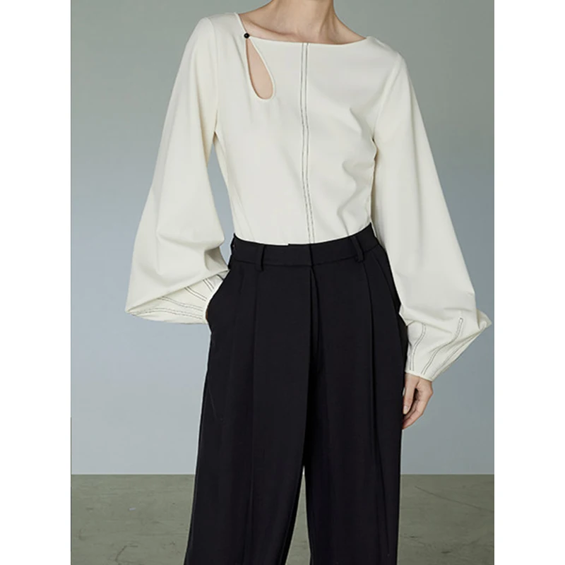 

Ele Hollow out Long Sve Women's irt Slimming Lantern Sve Top Design Sensation Spring Faion Straight Cut irt