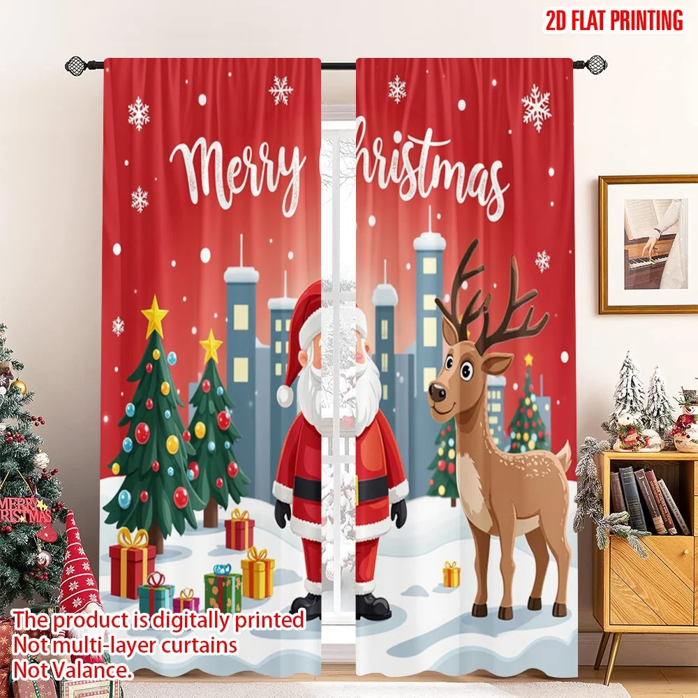 

2pcs 2D flat printing Christmas Scene Curtain Merry Christmas Santa Claus Gift 100% Polyester Fabric Without Electricity Festive
