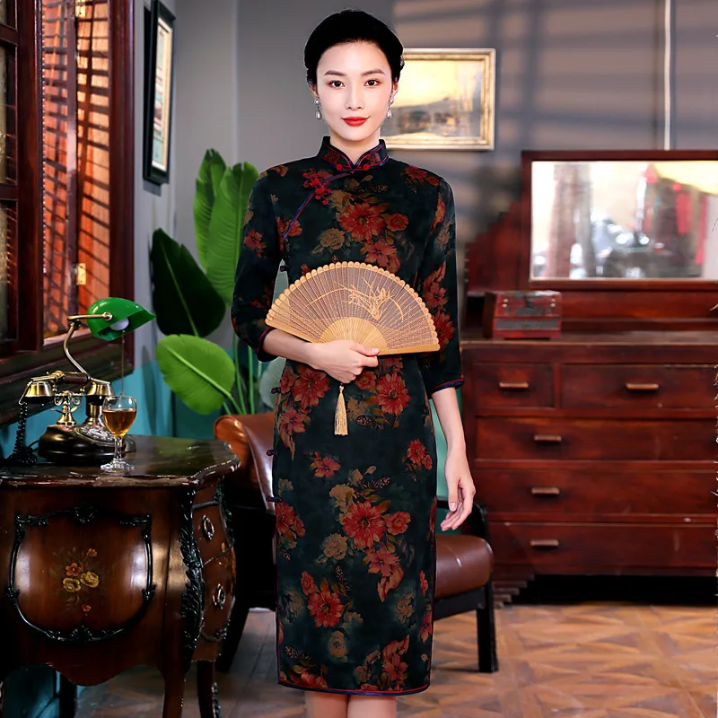 Spring New High Quality Real Silk Gambiered Guangdong Retro Printed Improved Cheongsam Qipao Women's Dress