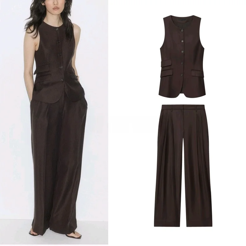 

Женский комплект с длинным рукавом и круглым жилетом Ne, повседневные широкие брюки, костюм из двух предметов с высокой талией, чистый цвет, осенняя мода