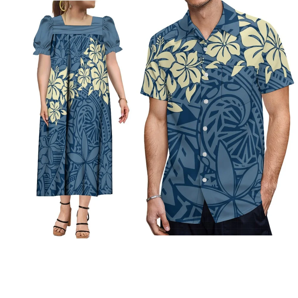 Vestido longo solto havaiano feminino, manga bufante, mumu, camisa casual masculina, top personalizado, ilha polinésia, roupas de casal