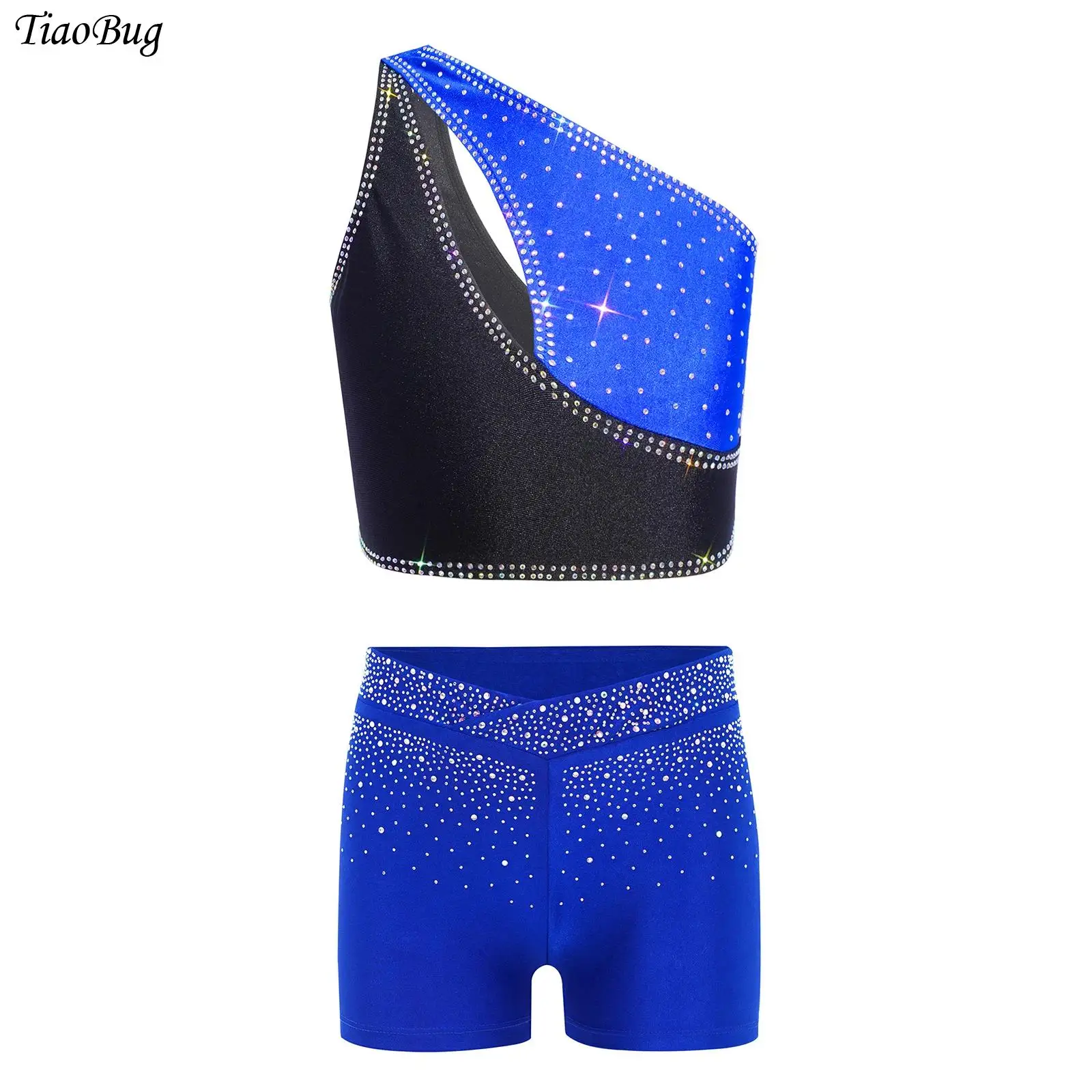 

Kids Girls Figure Skating Gymnastics Dance Outfit One Shoulder Sleeveless Rhinestones Crop Top +Shorts Ballet Dance Sports Set