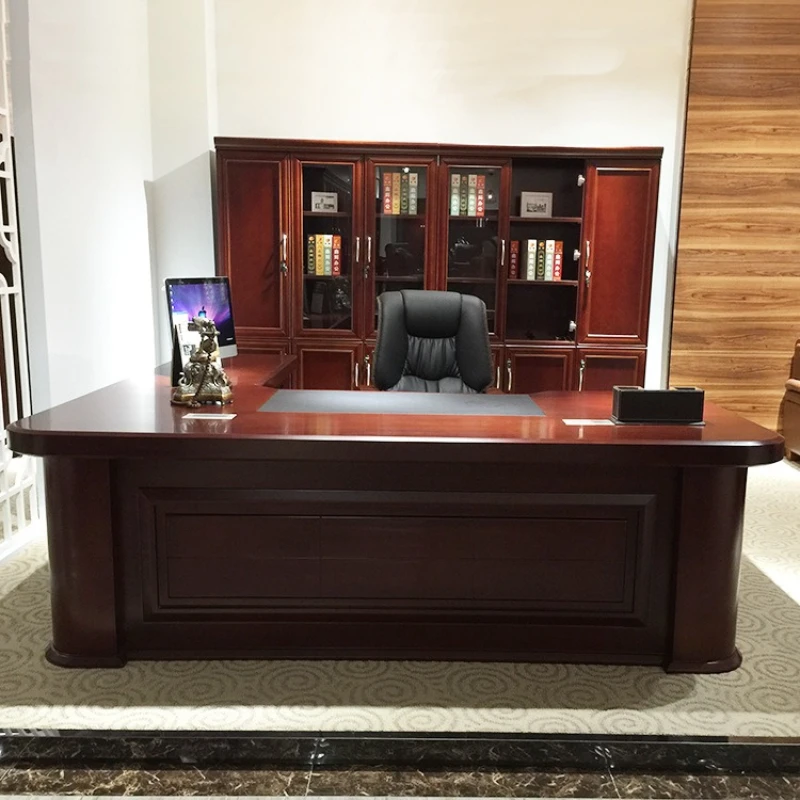 

Walnut color office paint large desk boss table Chinese style president table manager supervisor solid wood leather computer