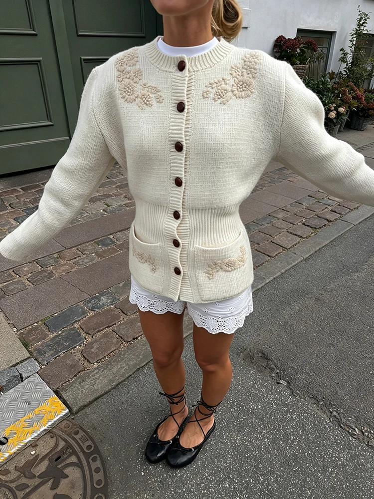Elegant Floral Embroidered Cardigan Round Neck Button Front Cinch Waist Sweater Casual Autumn Winter Daily Street Holiday Wear