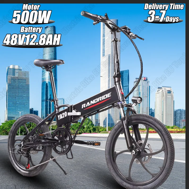 E-Bike 500W Motor 48V 12.8AH Hidden Removable Battery Urban Folding Electric Bicycle Dual Disc Brake 20-inch Tire Electric Bike