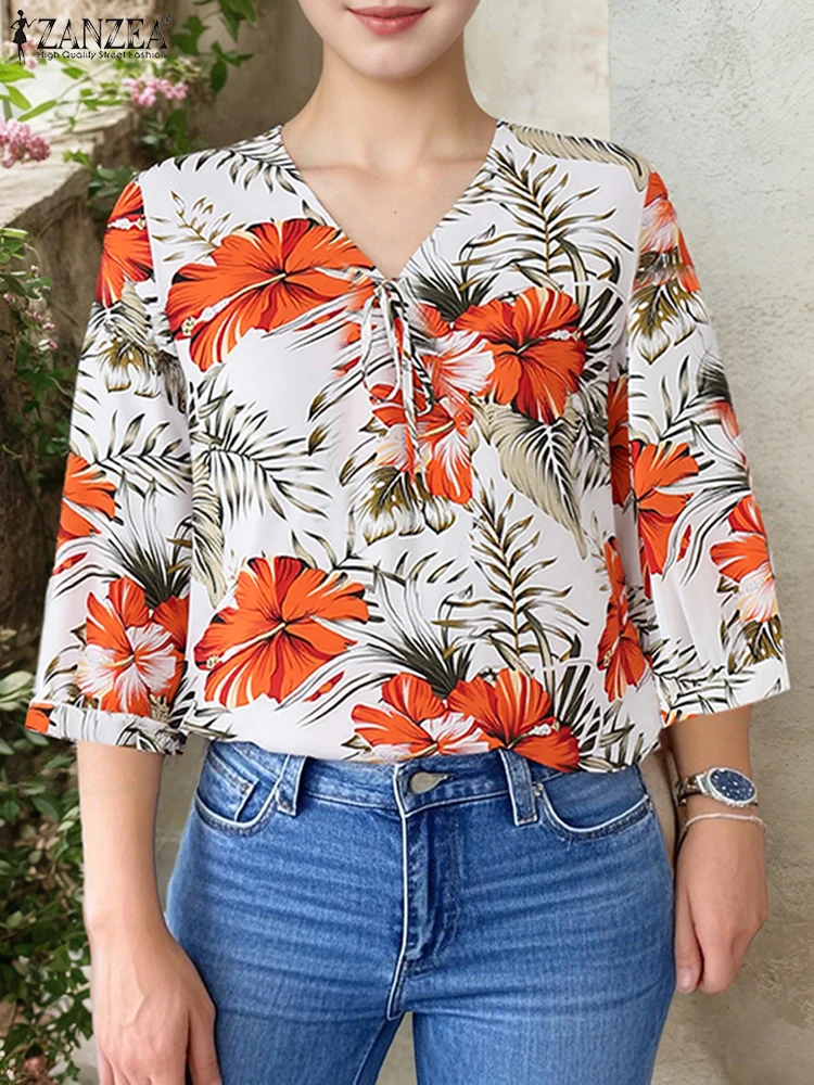 

ZANZEA 2025 Autumn Shirts Floral Printed Tops Women Vintage Blusas Summer 3/4 Sleeve V Neck Tunics Casual Loose Cardigans