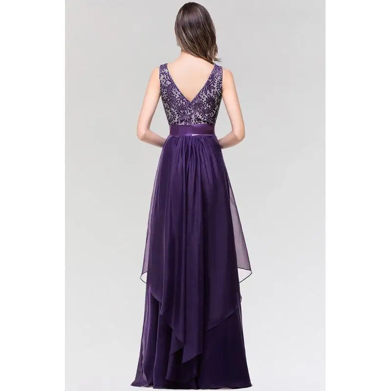 Women Elegant Prom Dress O-Neckline Lace Sleeveless Chiffon Long Maxi Evening Gown For Formal Occasion Party