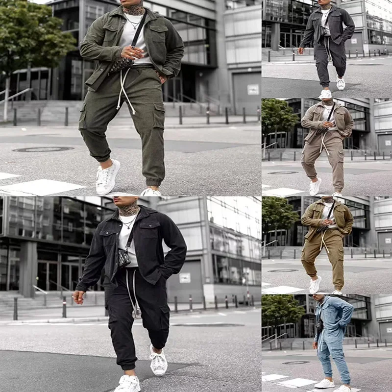 ชุดกีฬาบุรุษชุดแฟชั่น Workwear กางเกงลําลองอินเทรนด์เสื้อแจ็คเก็ตสีทึบ SLIM FIT Menswear