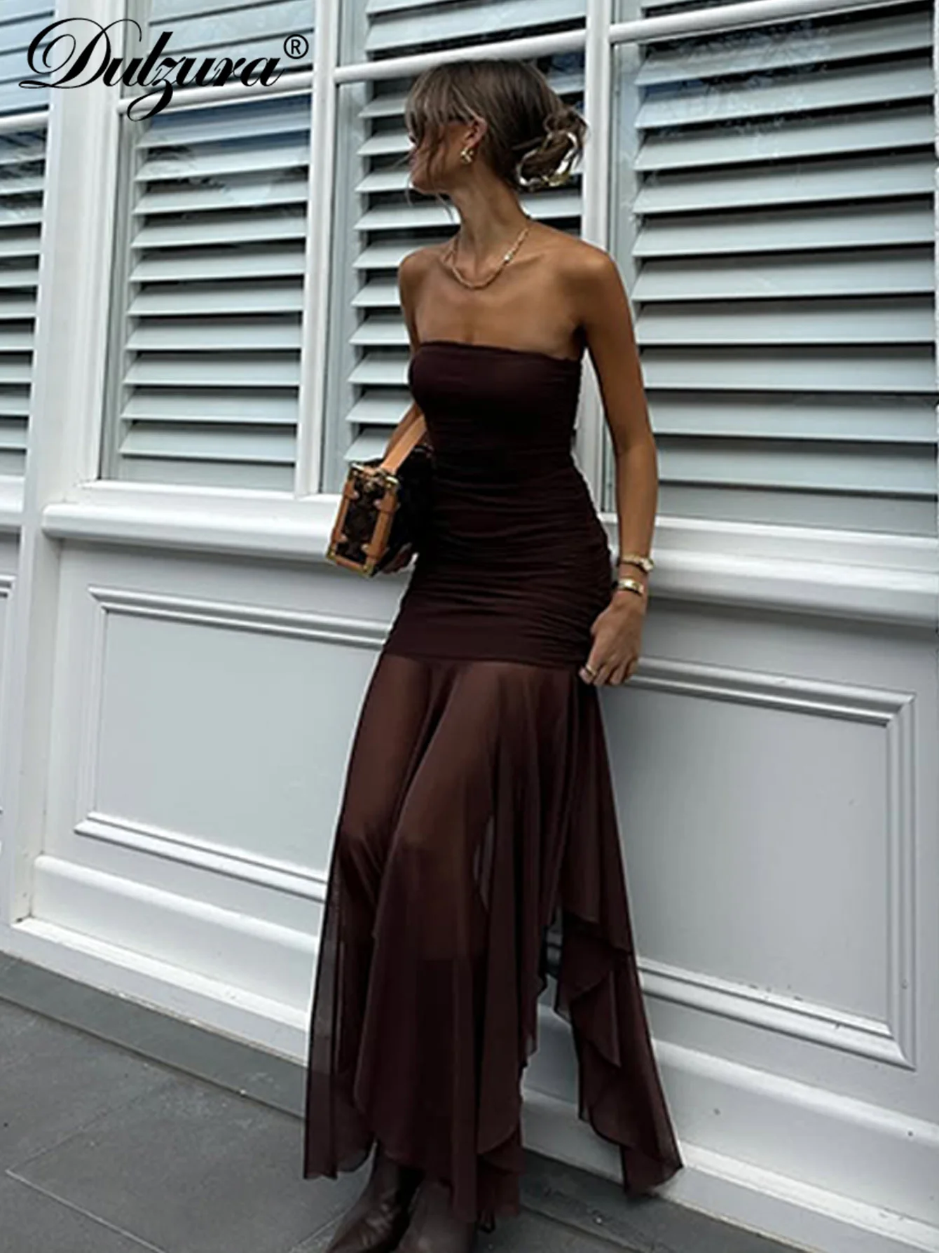 Dulzura หน้าอกห่อ Ruched Bodycon Backless ไม่สม่ําเสมอ SHEER ตาข่าย Patchwork Maxi ชุดเซ็กซี่ชุดยาวหรูหราปาร์ตี้ Clubwear