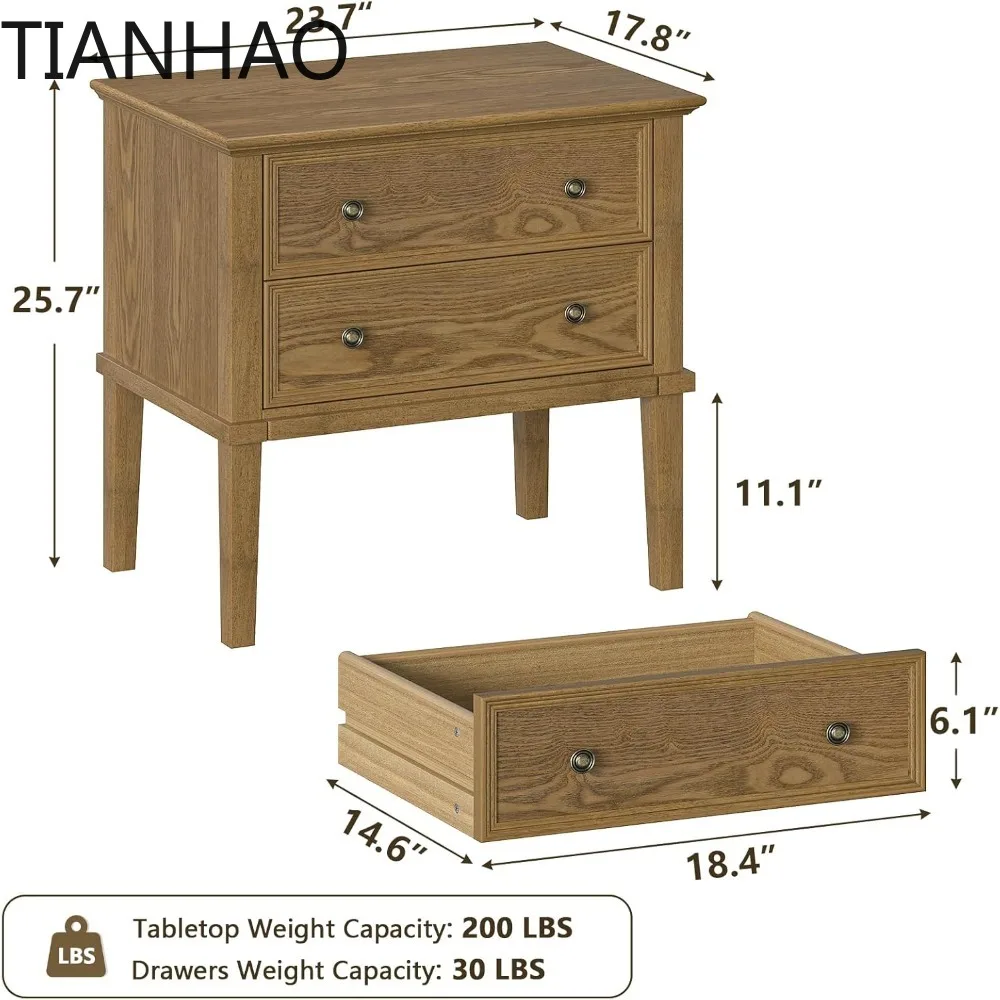 Solid Wood Nightstand with 2 Drawers, Wooden Bed Side Table, Tall Wooden Night Stand, End Table with 2 Drawers for Bedroom