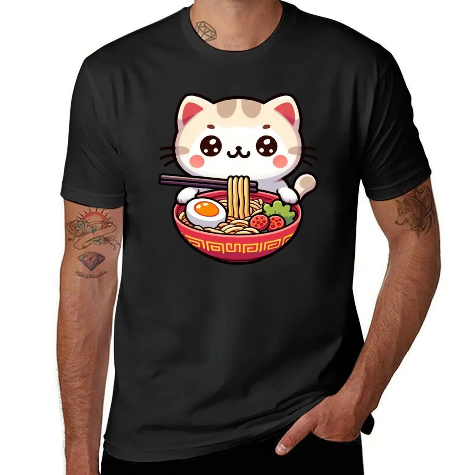 

Cute Cat Eating Ramen T-Shirt cute tops Short sleeve tee Men's t-shirt