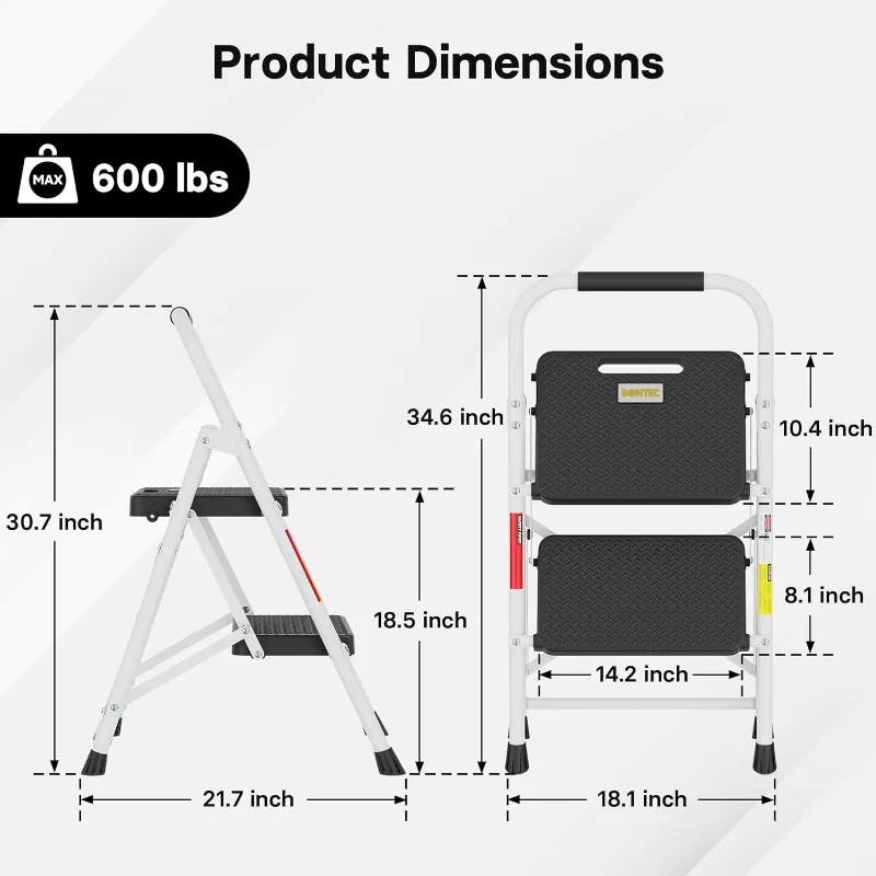 2-Step Ladder, Folding Step Stools for Adults with Wide Anti-Slip Pedals, Max Load Capacity 600lbs Sturdy Steel Ladder
