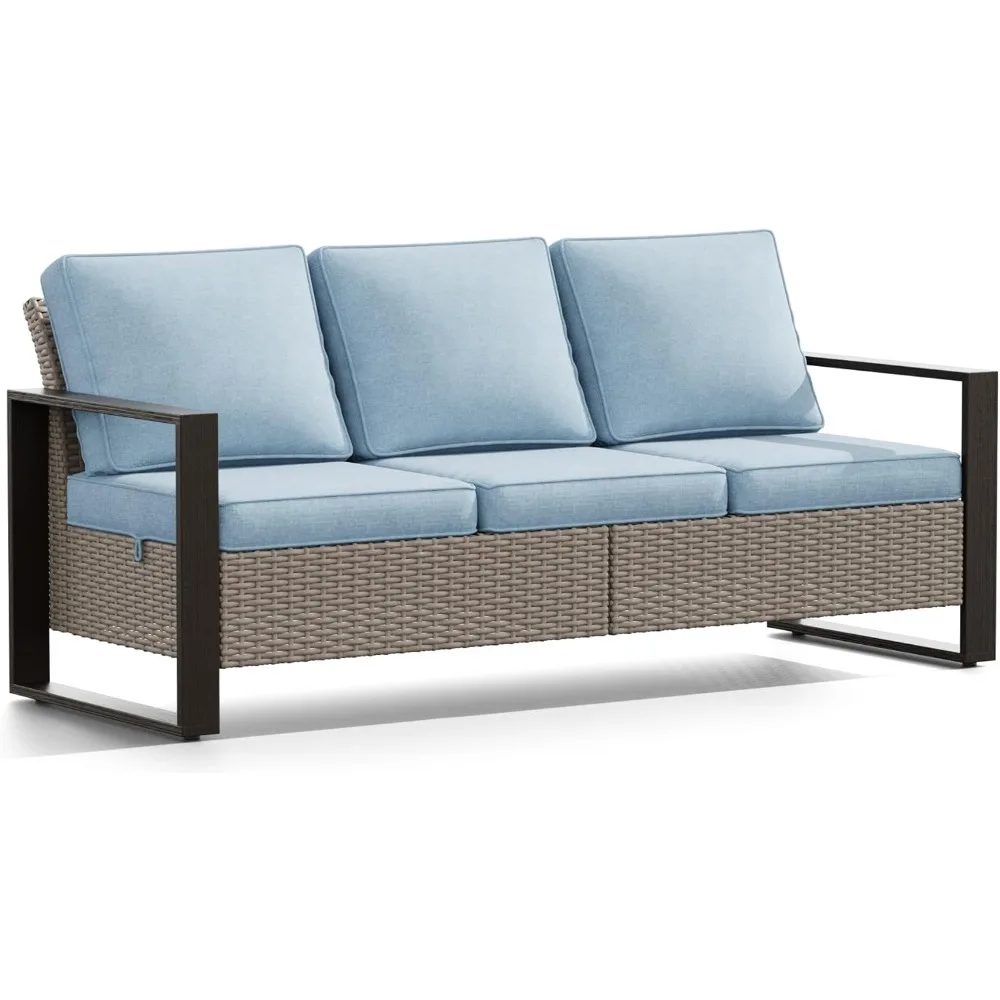 

Outdoor Patio Wicker Sofa, 3-Seater Rattan Sofa with Thick Olefin Cushions and Metal Steel Rectangular Framed Armrest -Looking