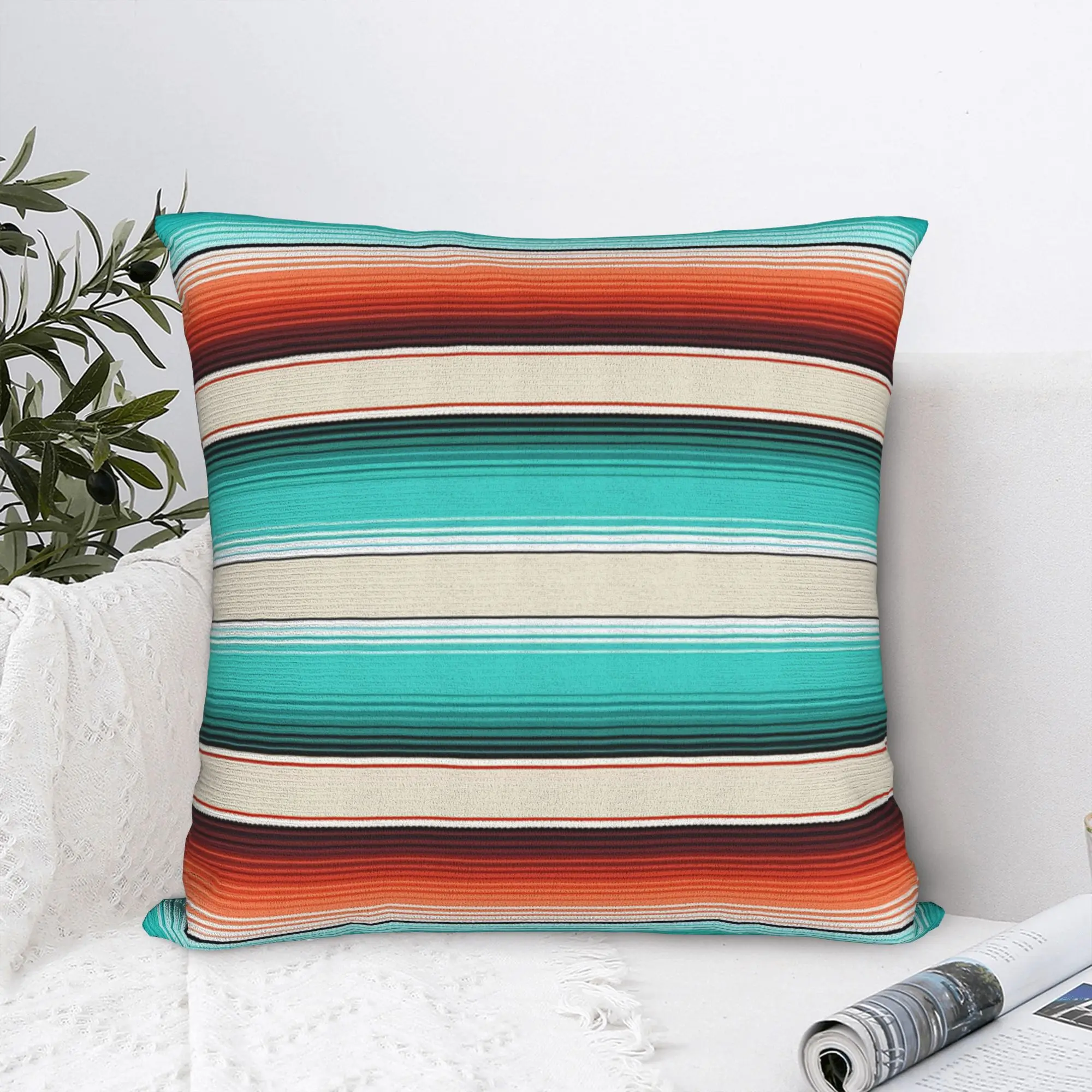 Turquoise Mexican Serape Boho Stripes Pillowcase Printed Cushion Cover Decorative Aztec Throw Pillow Case Cover Home Zippered