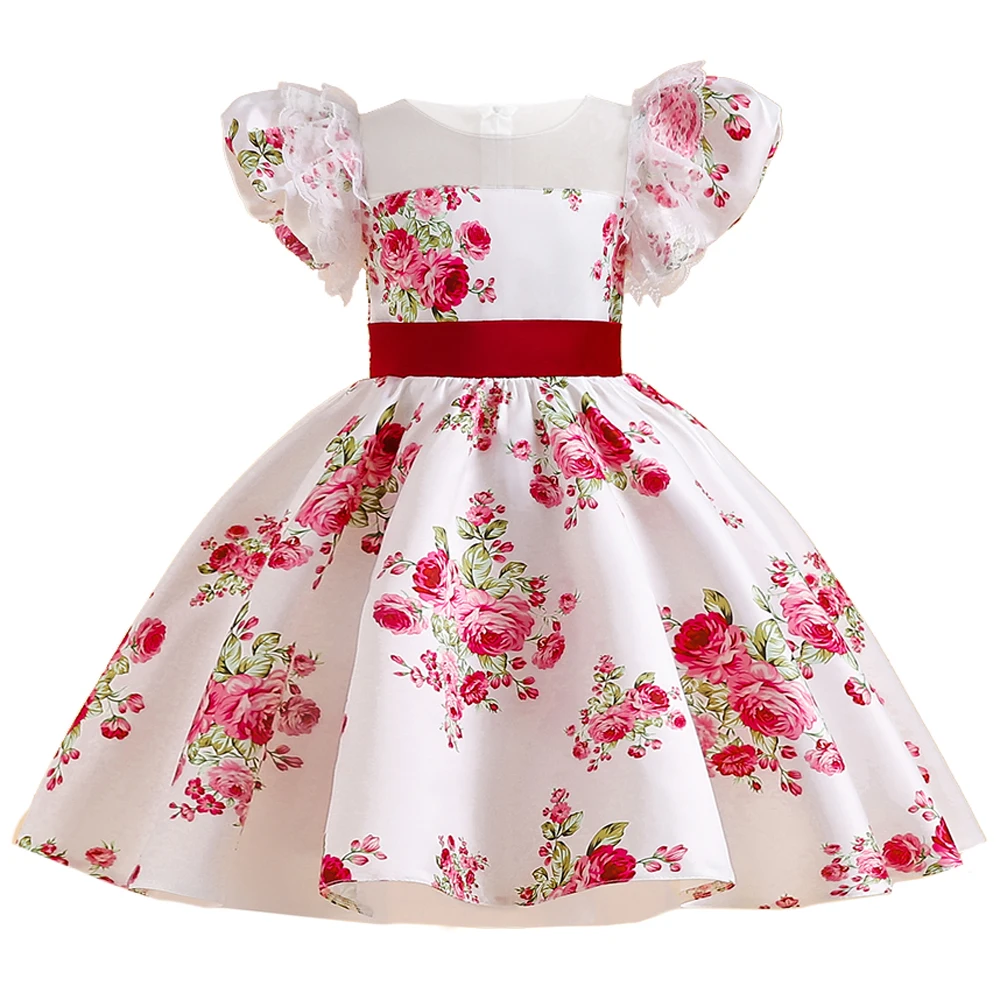 Floral Vintage Summer Dress For Girls Elegant Birthday Princess Party Dresses Puff Sleeve Lace Casual Costume Children\'s Clothes