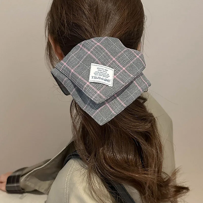 Elegant Square Design With Checkered Fabric Hair Elastic Hairband Girl Sweet Meatball Head Intestinal Loop Hair Rope Accessories