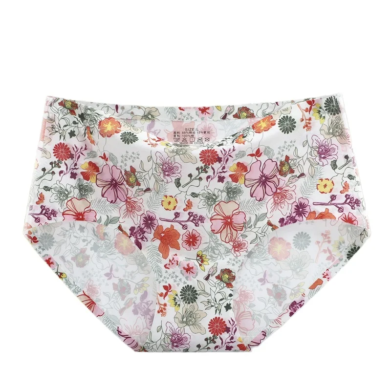 

Women's Ice Silk Printed Panties Mid Waist Breathable Cotton Crotch Triangle Underwear Plus Size Floral Hip Lifting Briefs