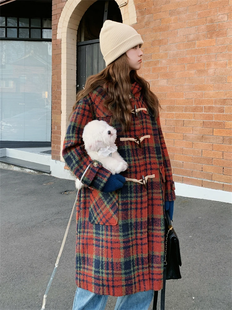 Red Plaid Woolen Coat Women's Autumn Winter New Style College Retro Unique Beautiful Large Coat Button Design Long Sleeve Hoodie