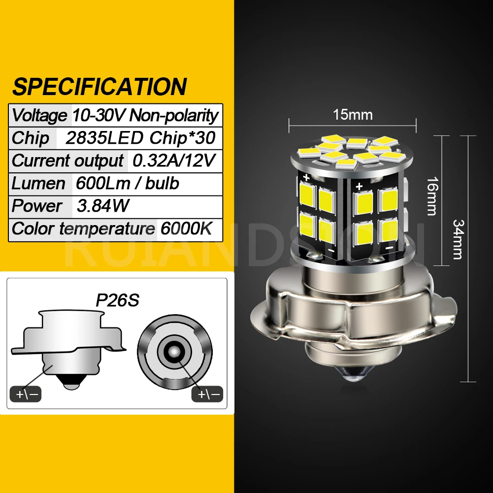 P26S Motorcycle LED Headlight Bulb 600 Lumens 6000K White Super Bright 10-30V Plug & Play for Scooter Moped Cruiser 2Pcs