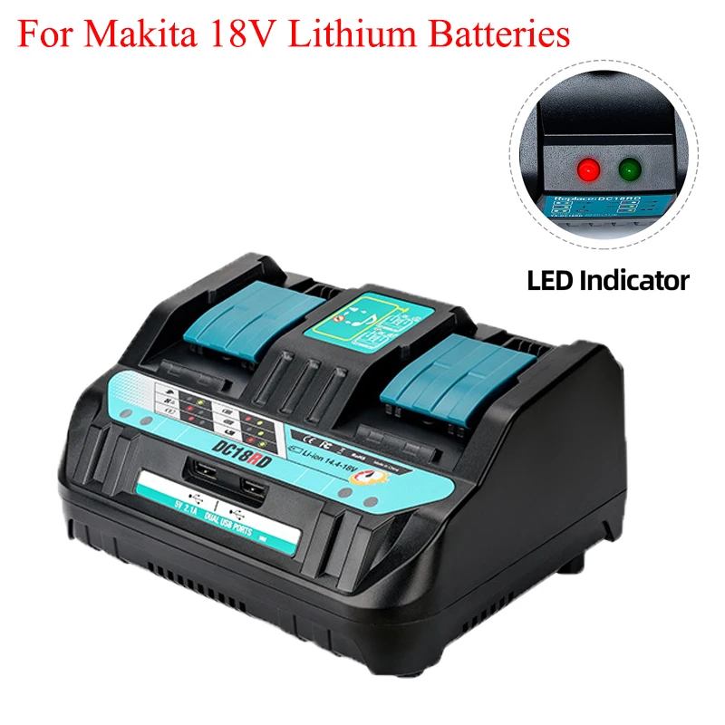 

18V DC18RD Dual-Port Battery Charger Lithium Battery Rapid Charger Compatible with For Makita 14.4-18V Lithium Batteries BL1415