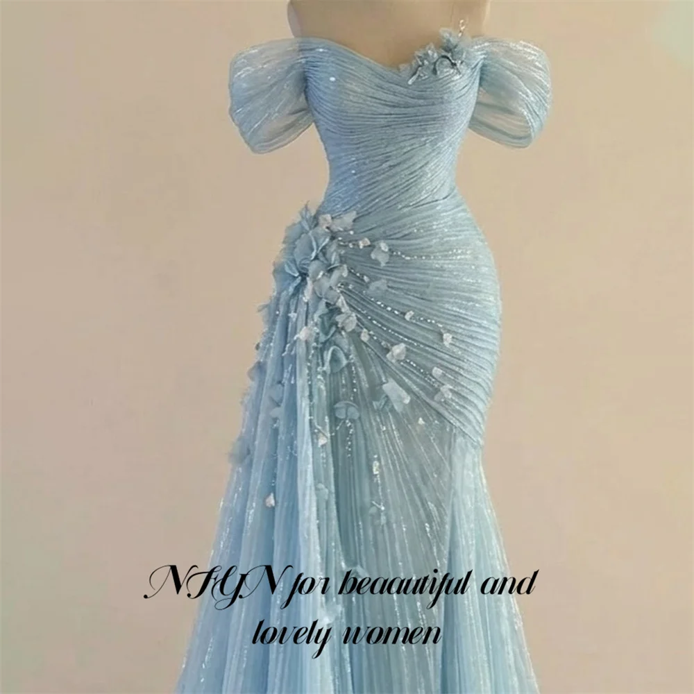 NFYN Blush Blue Prom Dress Off the Shoulder Celebrity Dress Trumpet Women's Evening Dress with 3D Floral Formal Gown Customized image 4