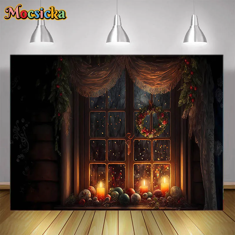 

Christmas Decorations Backgrounds Window Xmas Tree Candles Vintage Curtains New Year's Eve Family Party Backdrops Photography