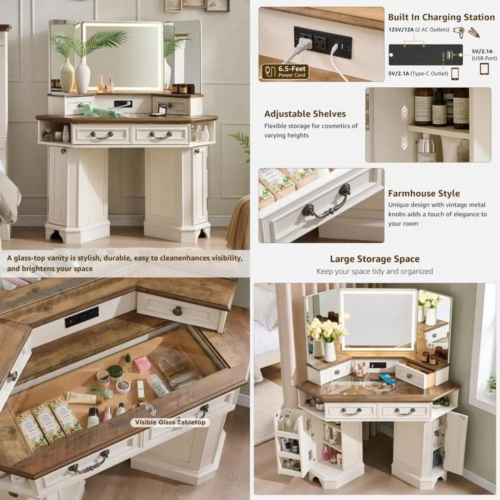 

Large Farmhouse-Style Corner Vanity Desk with 48 Glass Top, 3-Way Mirror, and Lighting