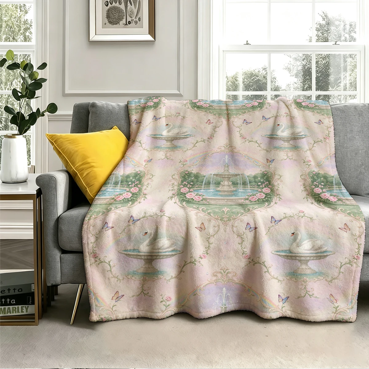 Fountain Swan Bath Repeat Flannel Blanket Warm Soft Halloween Christmas Decorative Couch Warm Cozy All-Season Gift