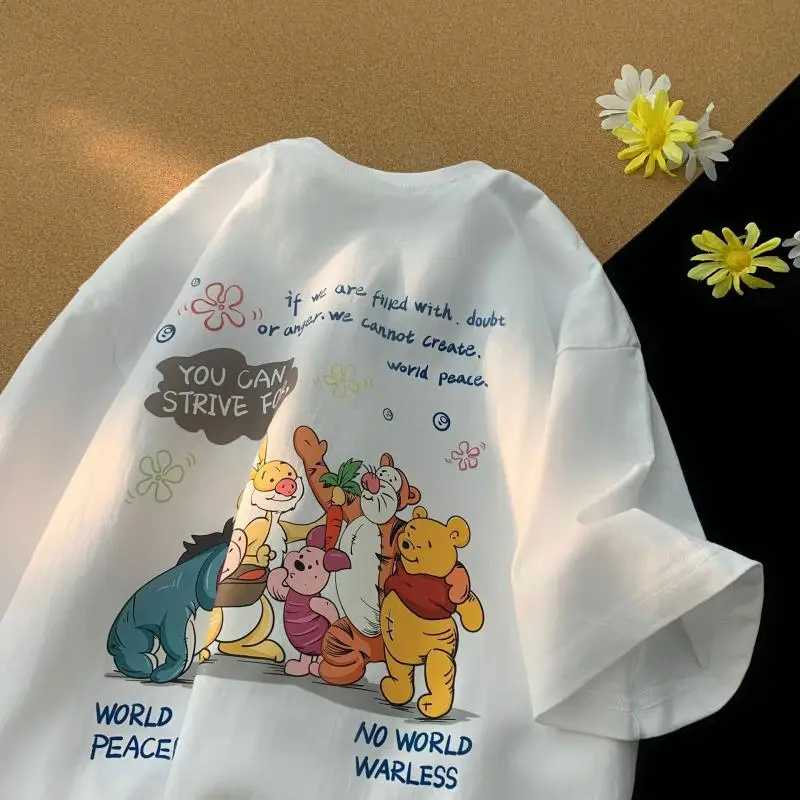 Kawaii Disney Pooh Bear Short-Sleeved T-Shirt 100% Cotton Summer Cartoon New Loose and Versatile Half-Sleeved Couple Style