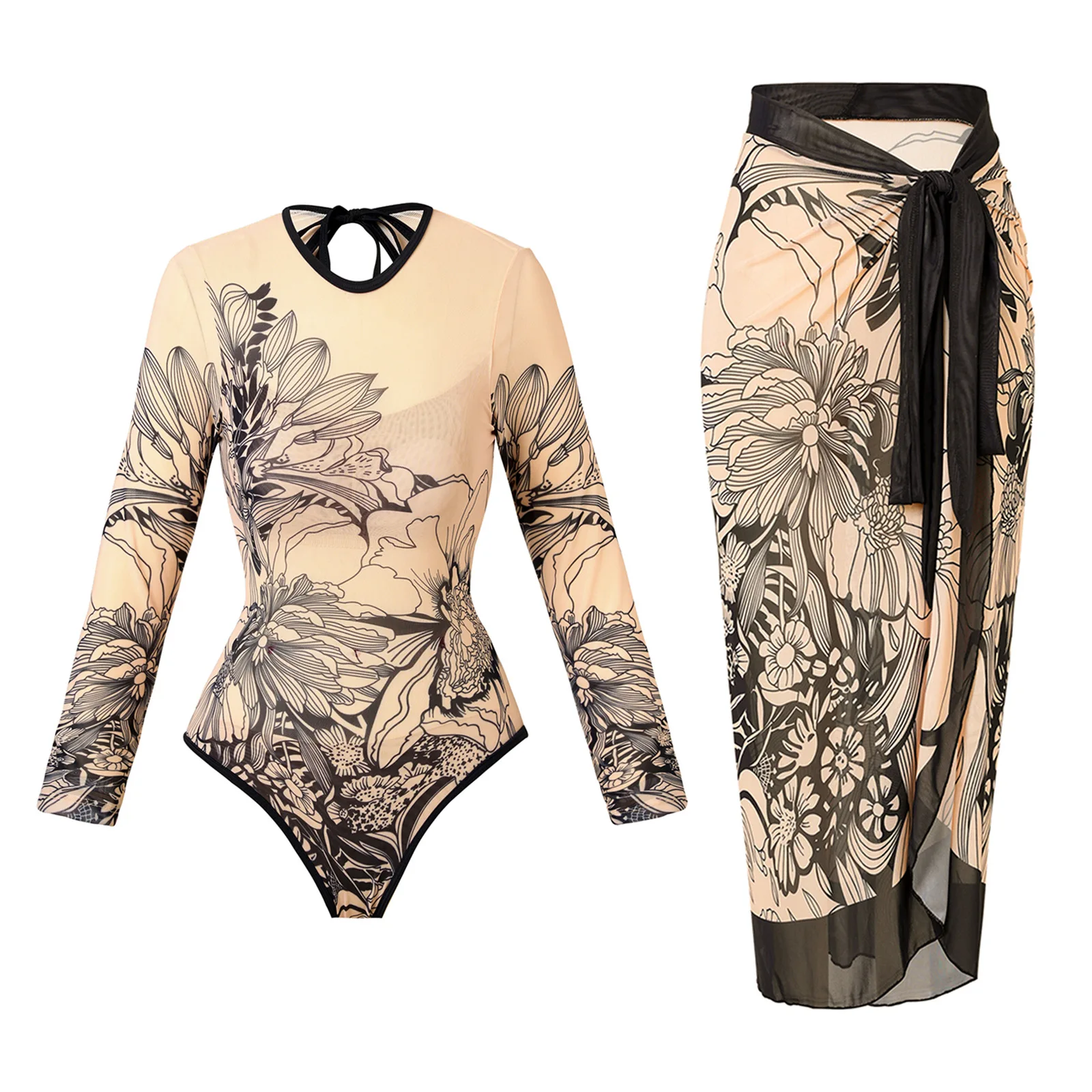 Women One‑Piece Long Sleeve Rash Guard Swimsuit Sun Protection Quick Dry Tight Backless Sports Surf Swimwear Cover‑up