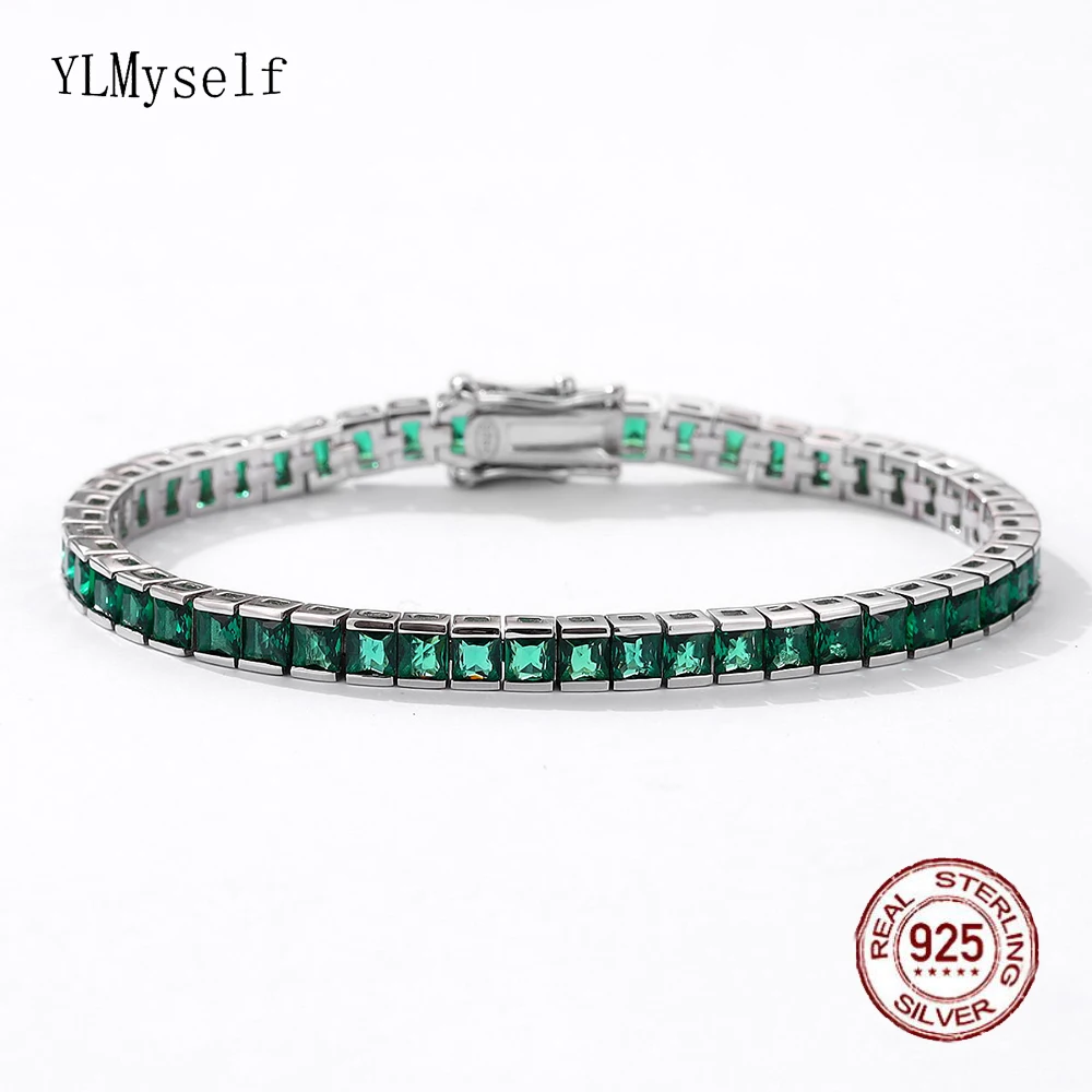 

Solid Real 925 Silver 4mm Wide Rectangle Chain Pave Full 3*3 mm White/Green/Ruby Red Cubic Zircon Tennis Bracelet