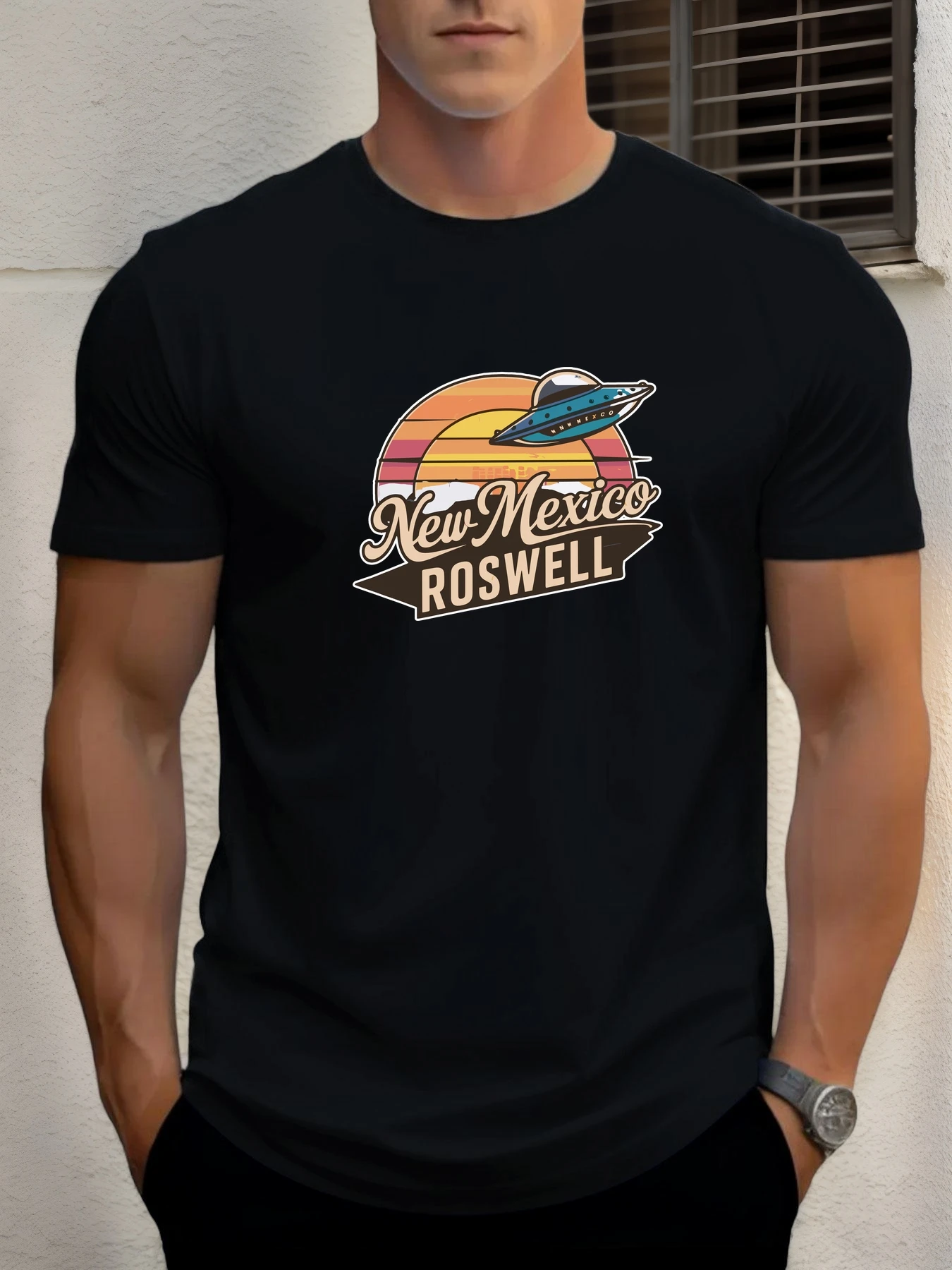 

2025 Summer Men's Cotton T Shirt Roswell, NM UFO Trendy Print Round Neck T-Shirt Casual Breathable Street Style Daily Top