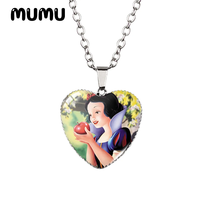 2024 New Snow White and the Seven Dwarfs Heart Necklace Princess Glass Printed Photo Pendant Handmade Jewelry Gifts Children